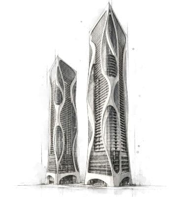 Illustration of two sculptural skyscrapers